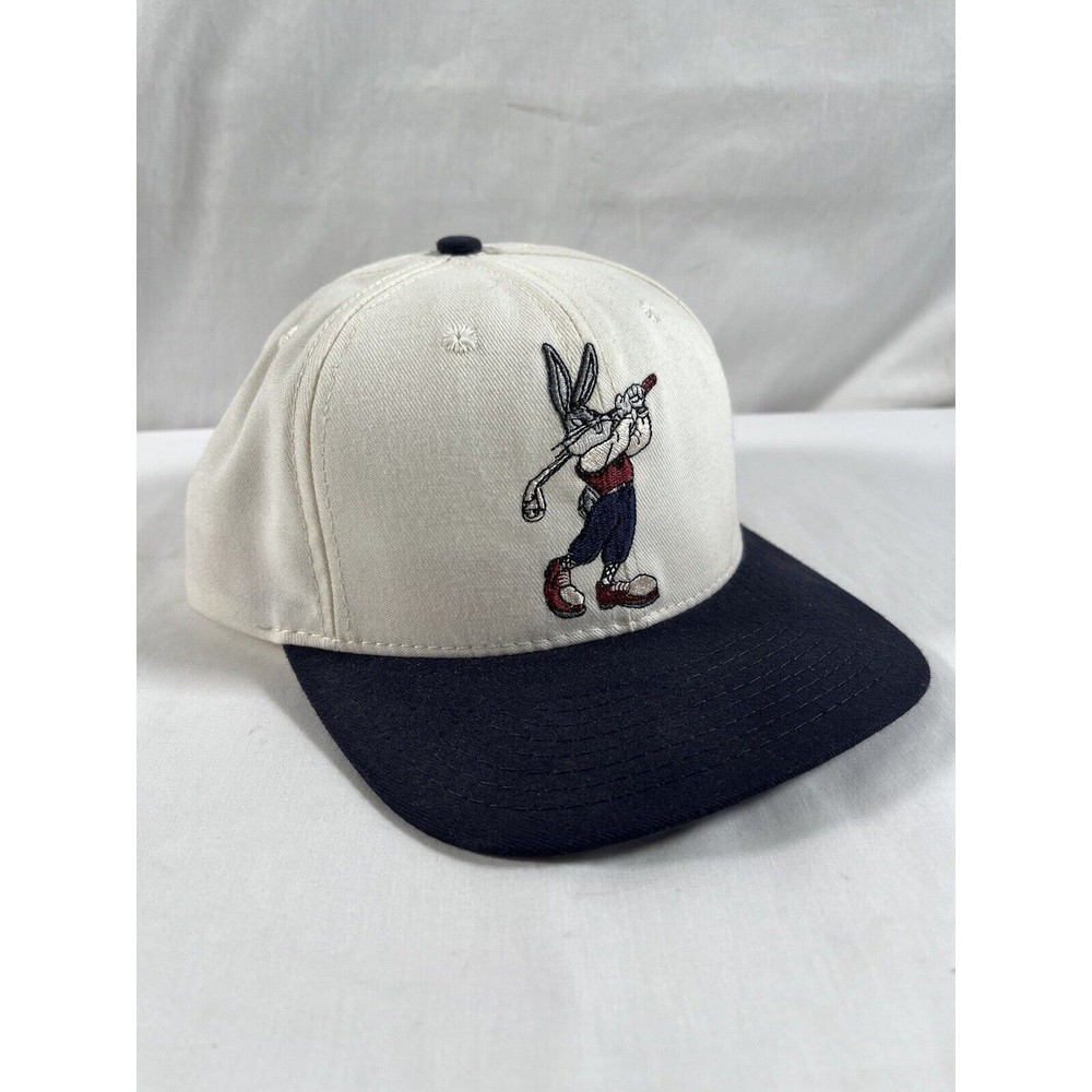 Vintage 1995 Bugs Bunny White & Navy Baseball Cap w/Brass Buckle Closure